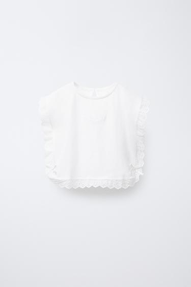 Zara FLORAL EMBROIDERED BOW BLOUSE - White