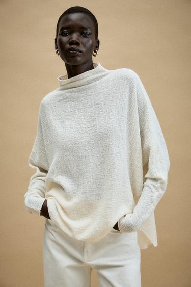 Zara TEXTURED CAPE JUMPER - Ecru