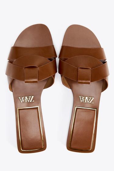 FLAT CRISS-CROSS LEATHER SLIDER SANDALS - Brown by Zara - Image 5