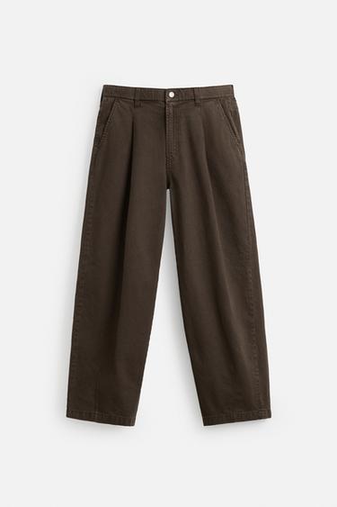 JEANS 와이드 핏 플리츠 - Zara 브라운