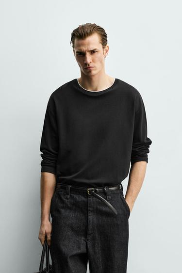 T-SHIRT WITH CONTRAST DOUBLE-LAYER HEMS - Black by Zara