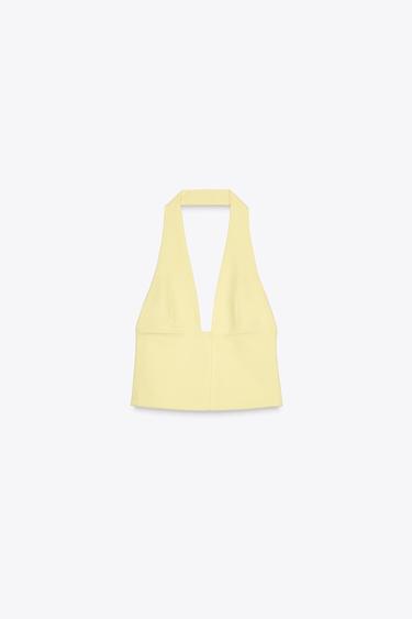 Zara STRETCH HALTER TOP - Light yellow