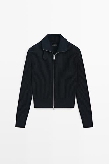 Zara 100% cotton knit cardigan with high neck detail - Navy blue - Image 0