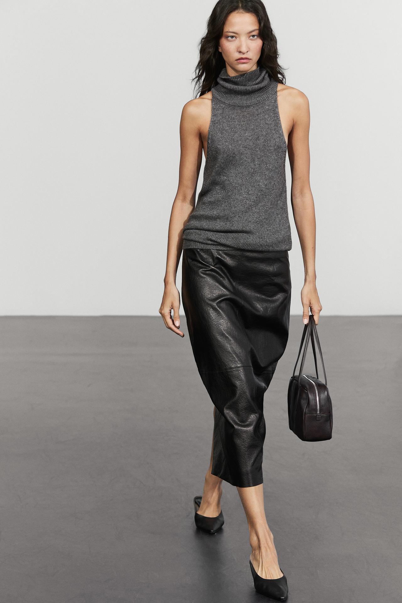Midi balloon  skirt with Nappa leather seams — Black