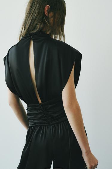 Zara SATIN CUMMERBUND JUMPSUIT - Black