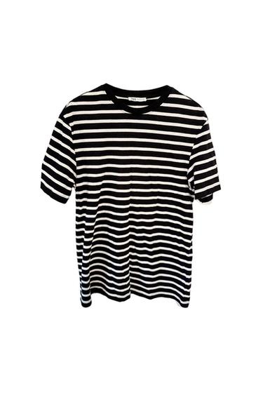 White and black horizontal striped T-shirt on a white background.