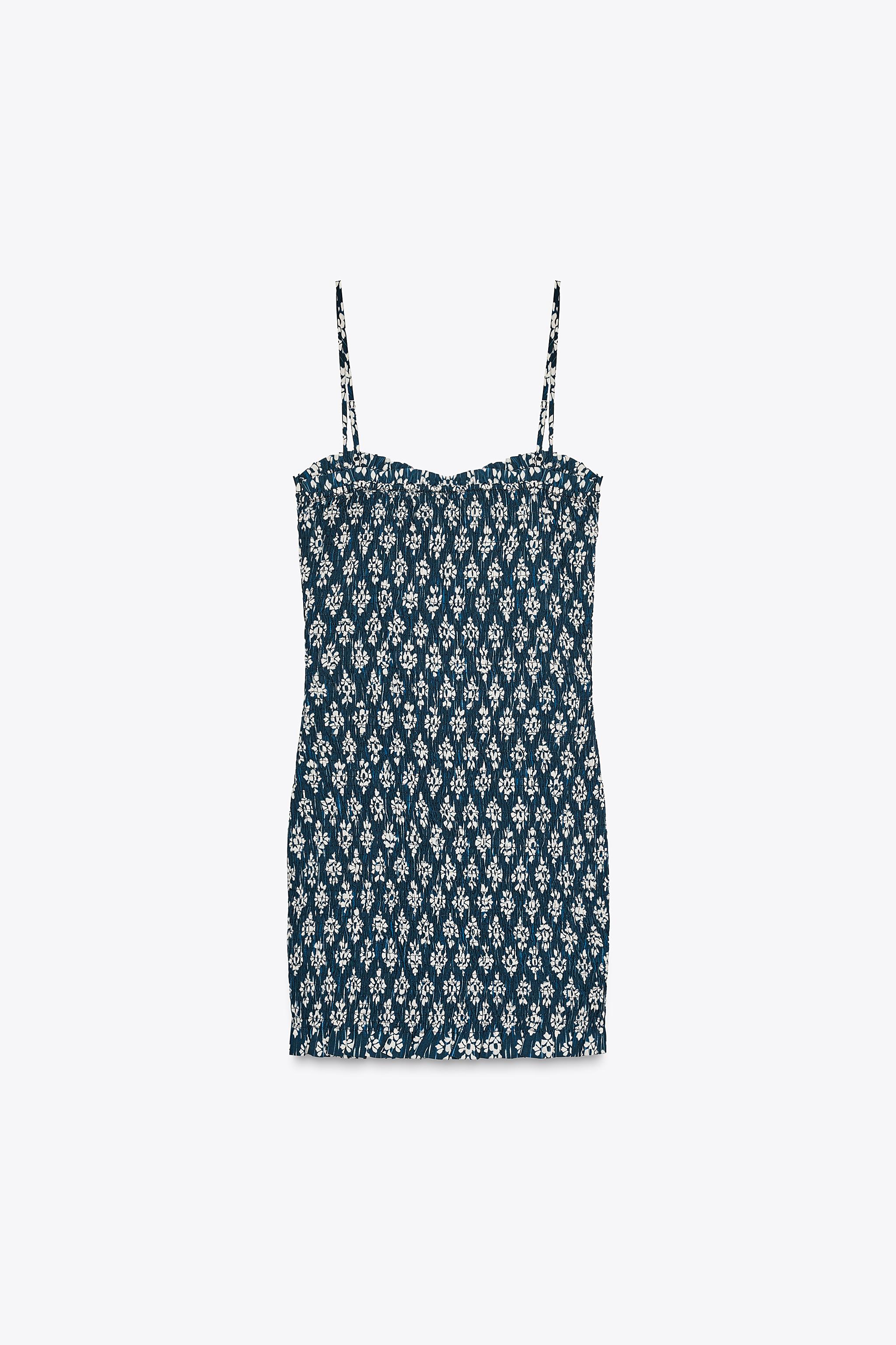 ZARA スモッキング加工プリント柄ミニワンピース 8514/052 スモッキング加工プリント柄ミニワンピース - 青色/白色 | ZARA