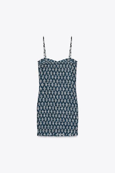 ROBE COURTE IMPRIMÉE NID D'ABEILLE - Bleu / Blanc de Zara - Image 3