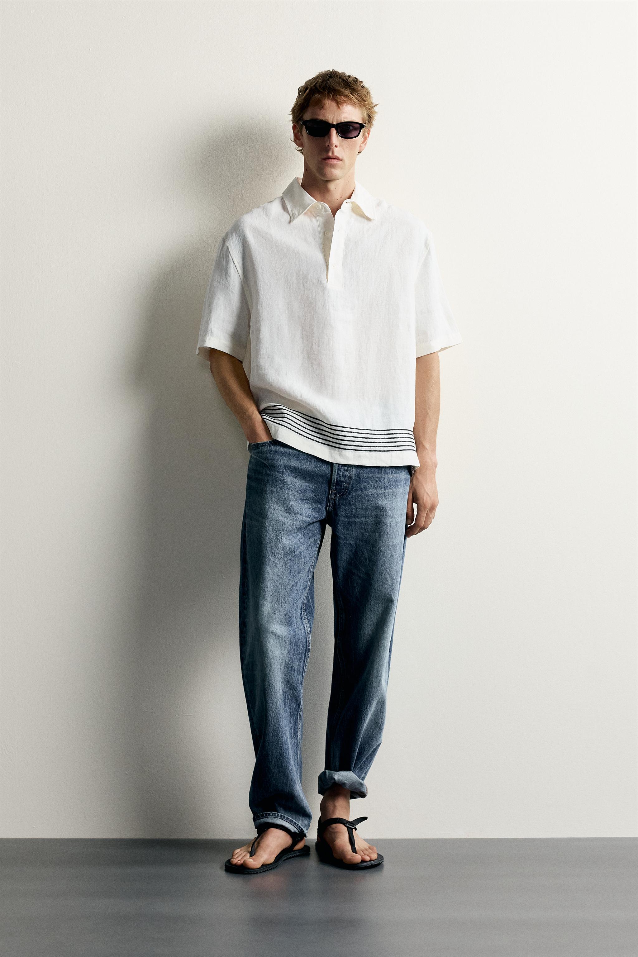 Мужские рубашки Zara 100% LINEN STRIPED POLO SHIRT