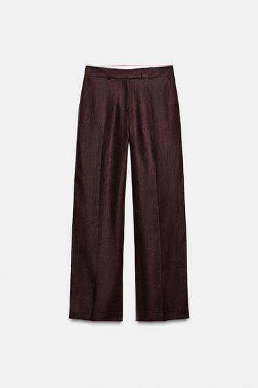 100% LINEN STRAIGHT TROUSERS - Brown by Zara