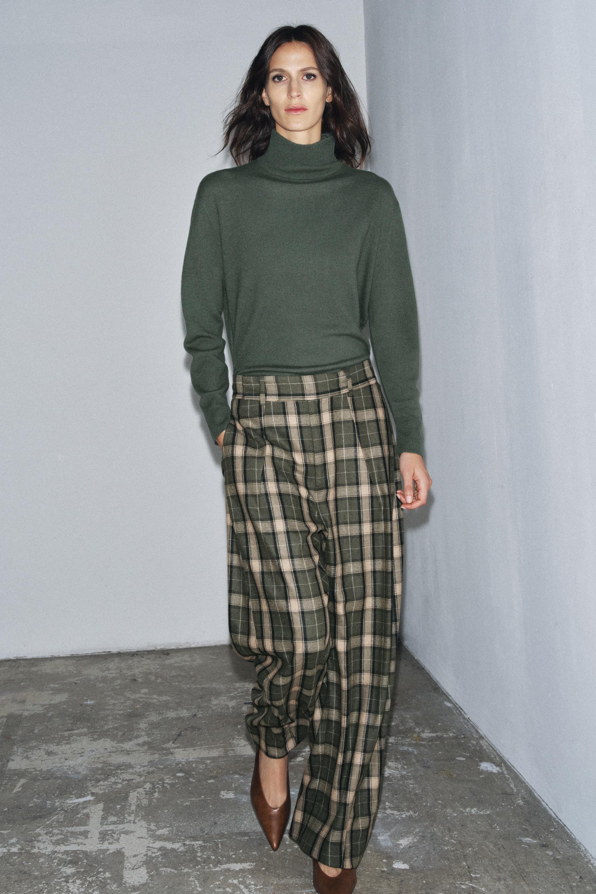 PLAID WOOL BLEND WIDE LEG PANTS ZW COLLECTION - Dark brown | ZARA