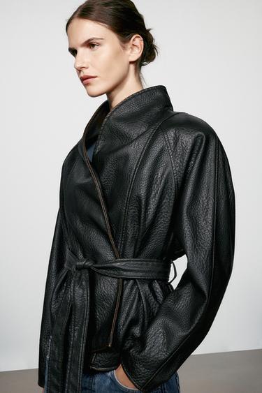 ZW COLLECTION FAUX LEATHER BELTED JACKET — Dark brown 1