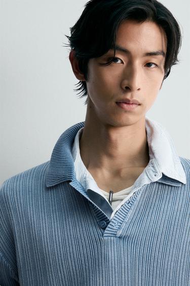 WASHED TEXTURED KNIT POLO SHIRT - Faded blue by Zara