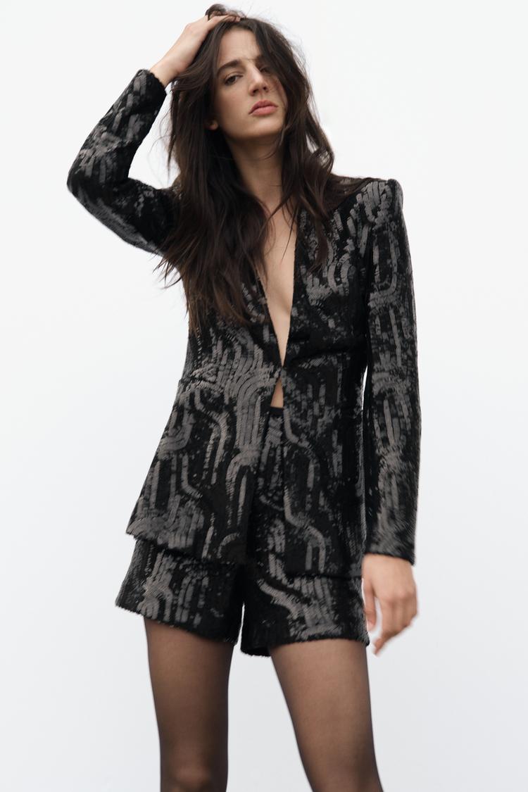 ハイライズ スパンコール バミューダパンツ - ブラック | ZARA Japan 