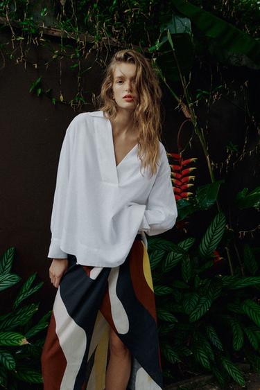 BLOUSE EN LIN À COL POLO - Blanc de Zara