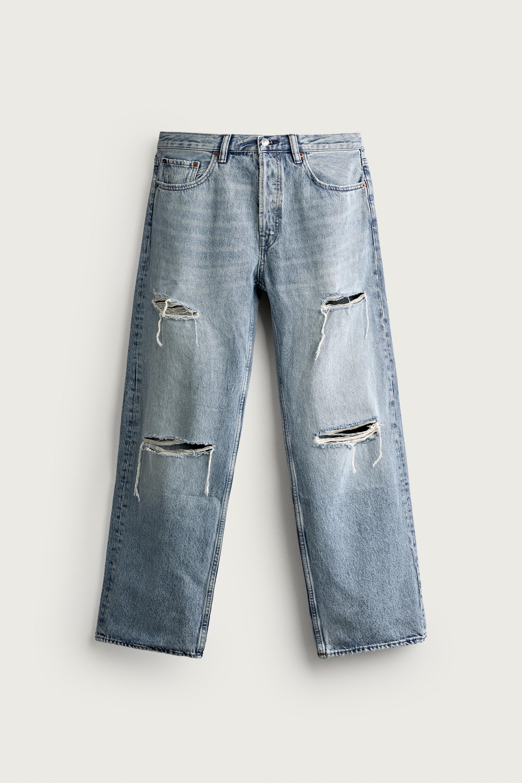 DISTRESSED STRAIGHT FIT JEANS — Mid-blue