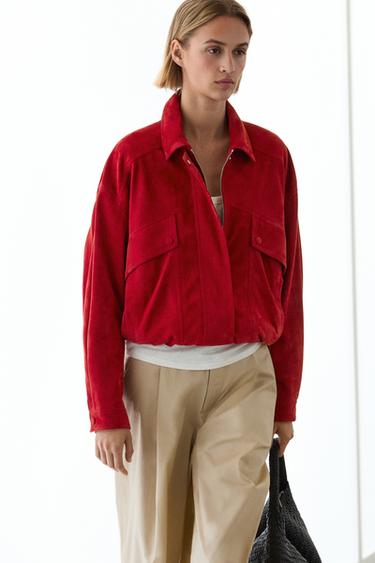 Zara Suede leather bomber jacket with pocket details - Red