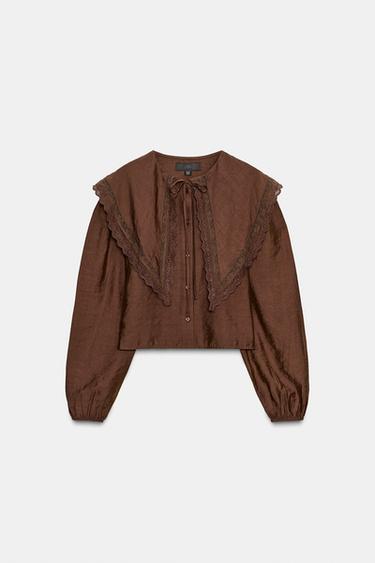 CHEMISE FLUIDE À COL CLAUDINE - Marron foncé de Zara