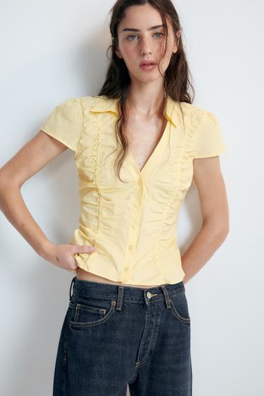 GATHERED POPLIN TOP - Yellow by Zara