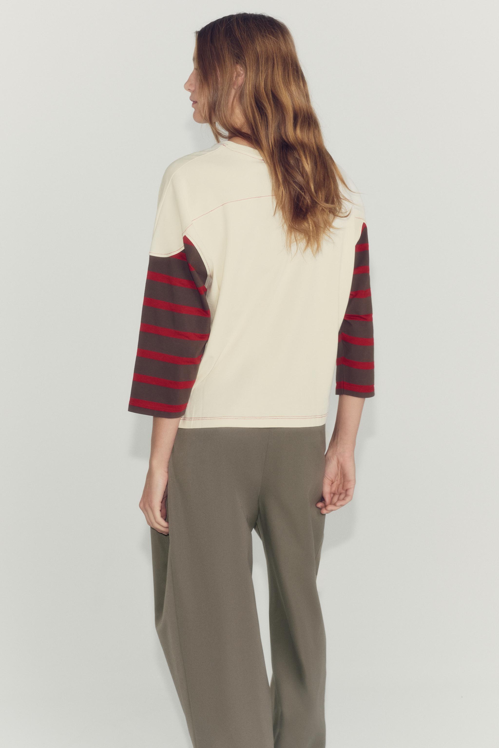 Женские футболки Zara CONTRAST SLEEVE STRIPED T-SHIRT — фото 4
