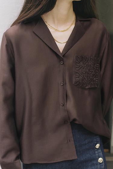 ZW COLLECTION 刺繍ポケット付きブラウスブラウンZaraのZW COLLECTION 刺繍ポケット付きブラウス - ブラウン