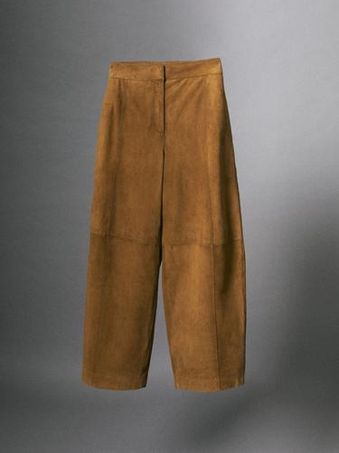 Zara Suede goatskin barrel fit pants - Dark camel - Image 0