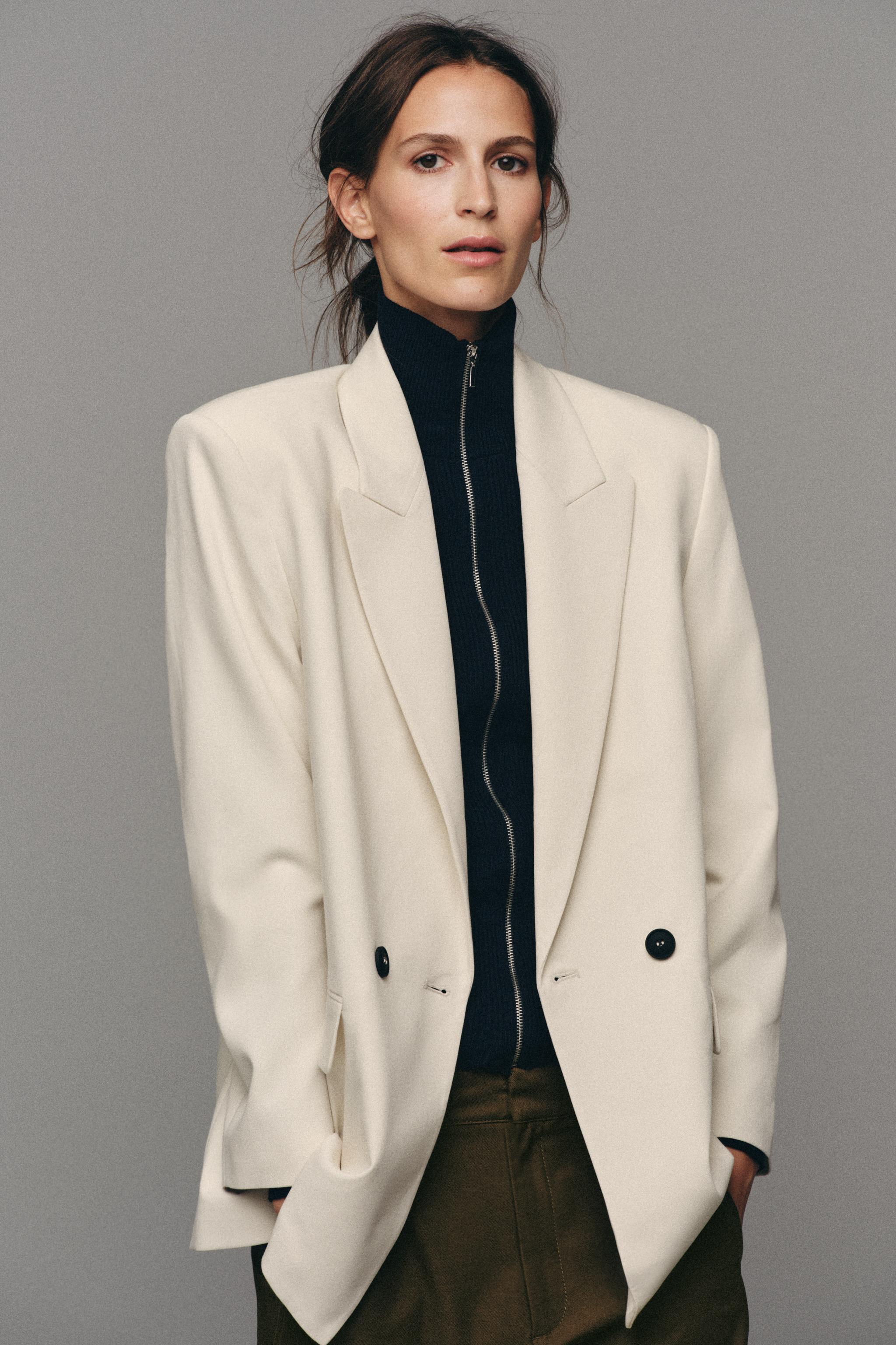 OVERSIZED HOUNDSTOOTH DOUBLE-BREASTED BLAZER — Oyster-white