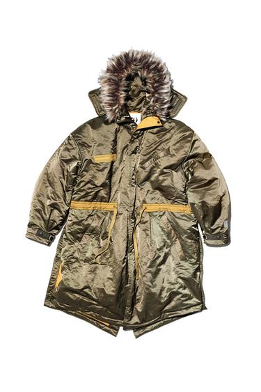 Front view of a long khaki coat with a faux fur hood, front pockets, and zipper closure.