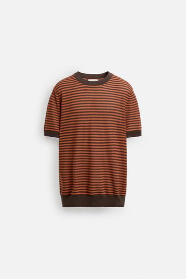 Zara STRIPED OPEN KNIT T-SHIRT - Orange
