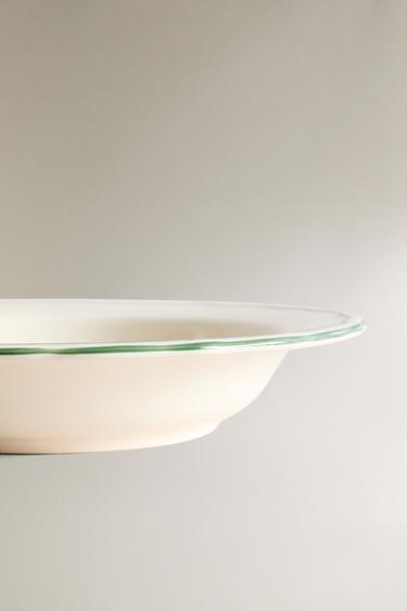 EARTHENWARE SOUP PLATE WITH CONTRAST EDGE - White / Green by Zara - Image 3
