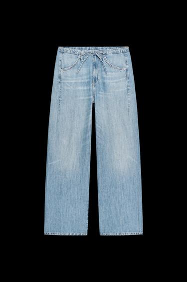 Zara TRF FLOWY DRAWSTRING DENIM PANTS - Blue