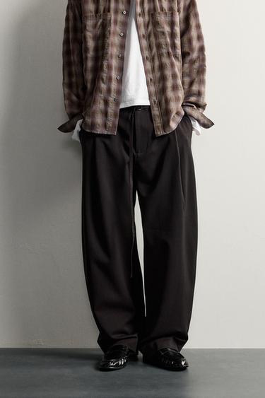 BELTED PLEATED BALLOON FIT PANTS — Brown 2
