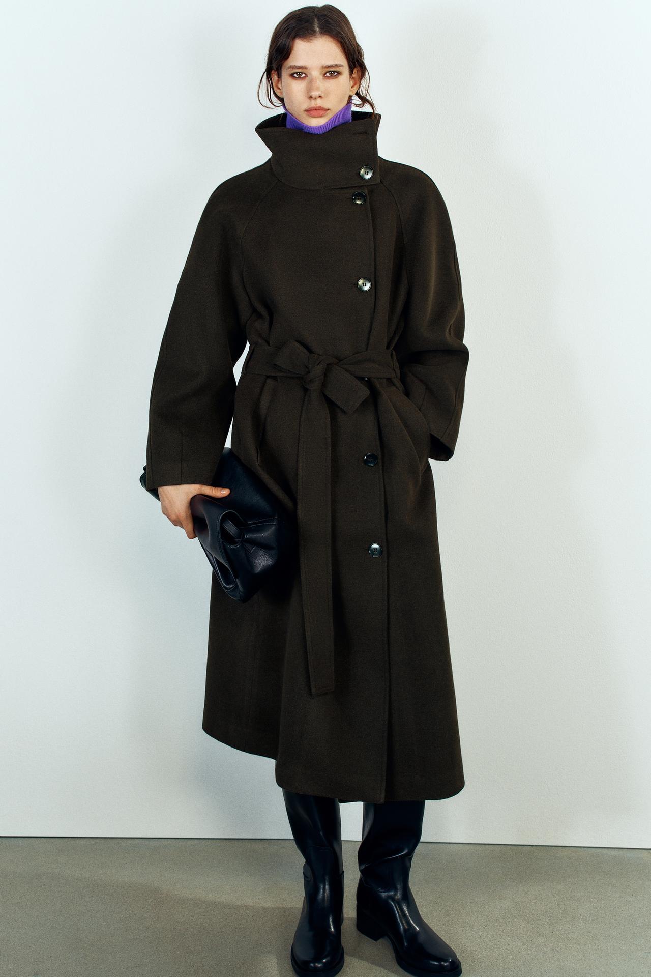 HIGH-NECK BELTED COAT — Brown
