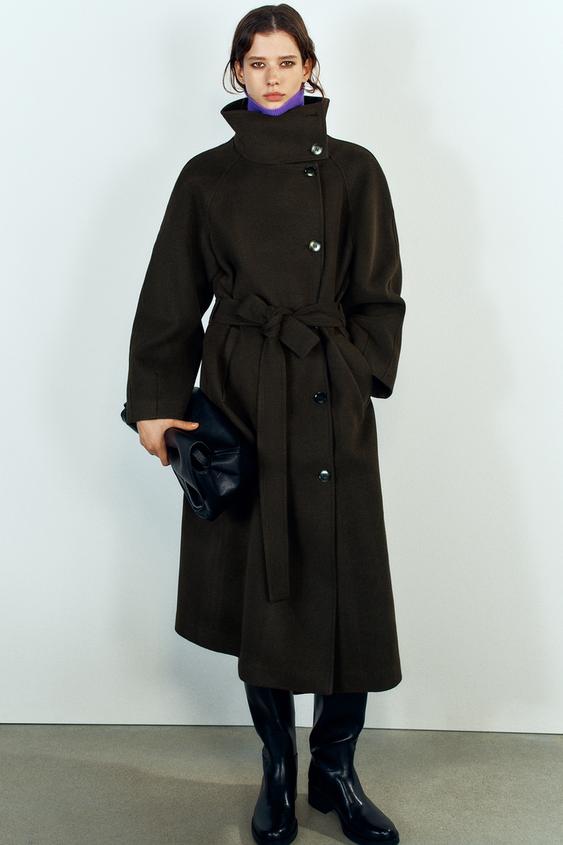 Zara HIGH-NECK BELTED COAT - Brown - Image 0