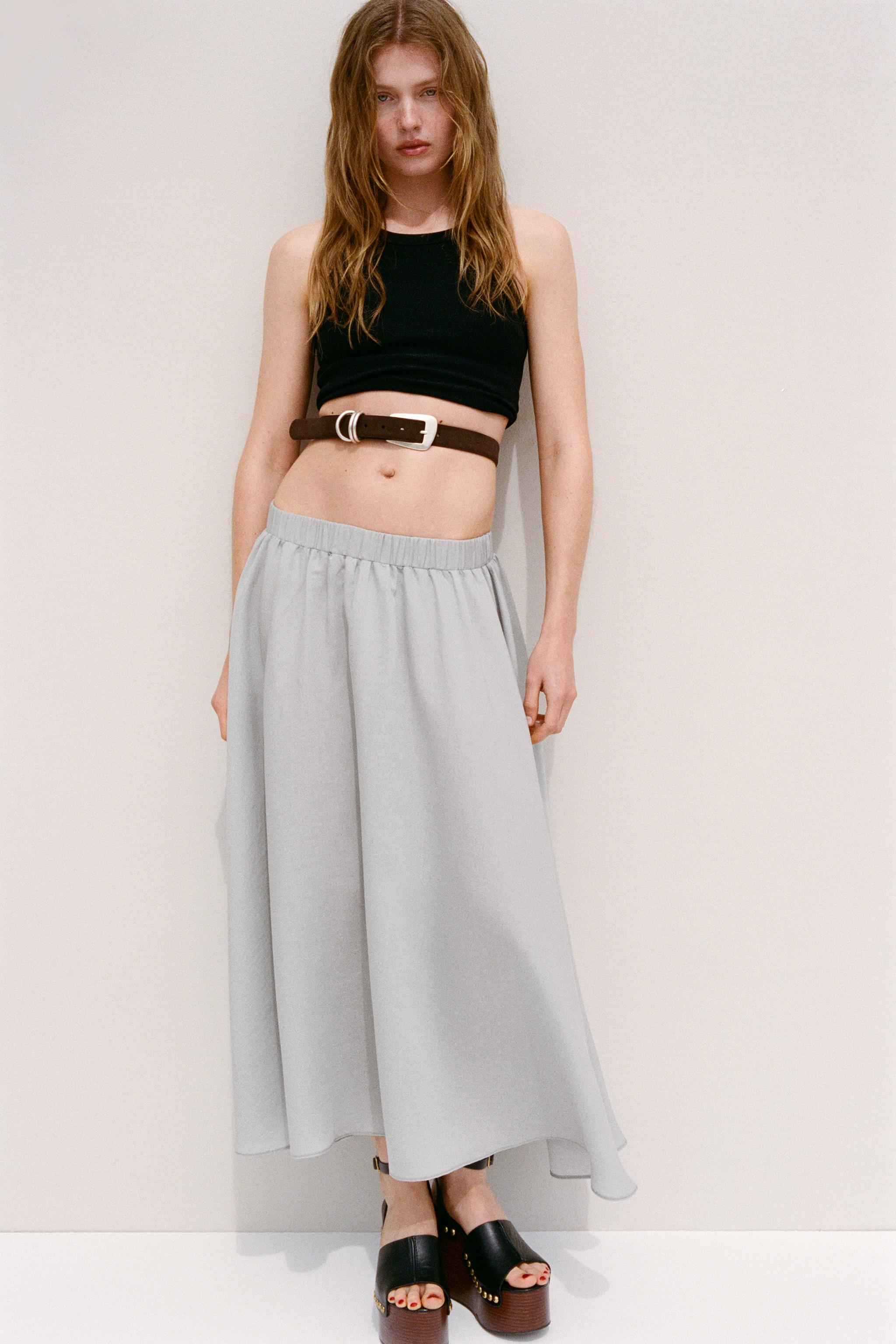 ミディ丈フレアボリュームスカート - ブルーグレー | ZARA Japan ミディ丈フレアボリュームスカート - ブルーグレー | ZARA Japan
