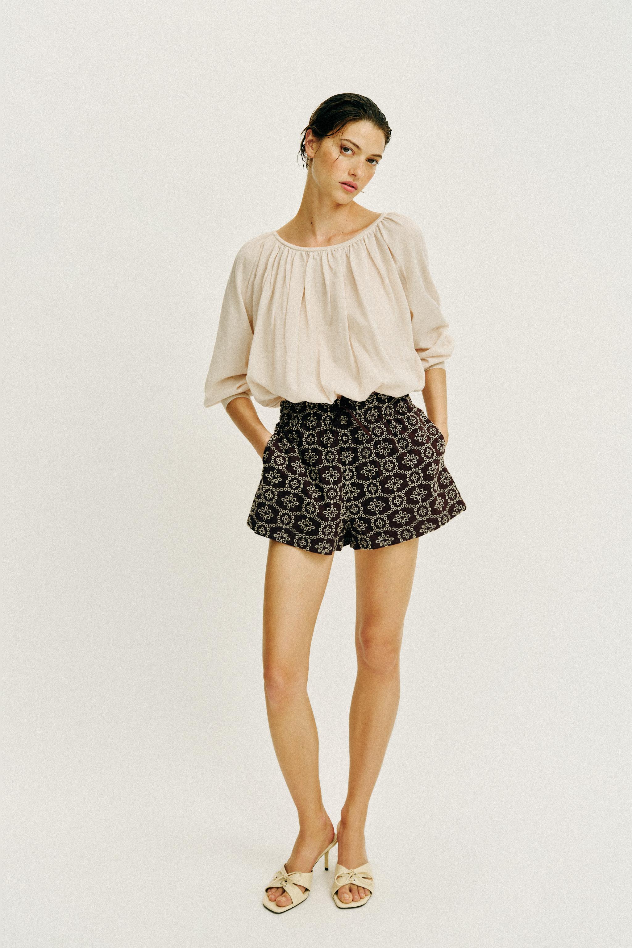 PERFORATED EMBROIDERED SHORTS - Brown / Ecru | ZARA United States