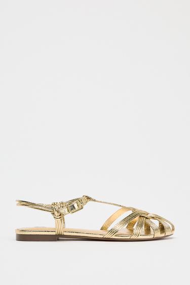 Zara METALLIC STRAP FISHERMAN SANDALS - Gold