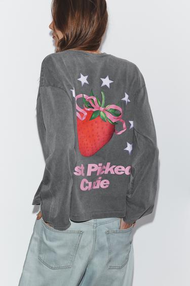 ウォッシュドフロントプリントTシャツグレーZaraのウォッシュドフロントプリントTシャツ - グレー
