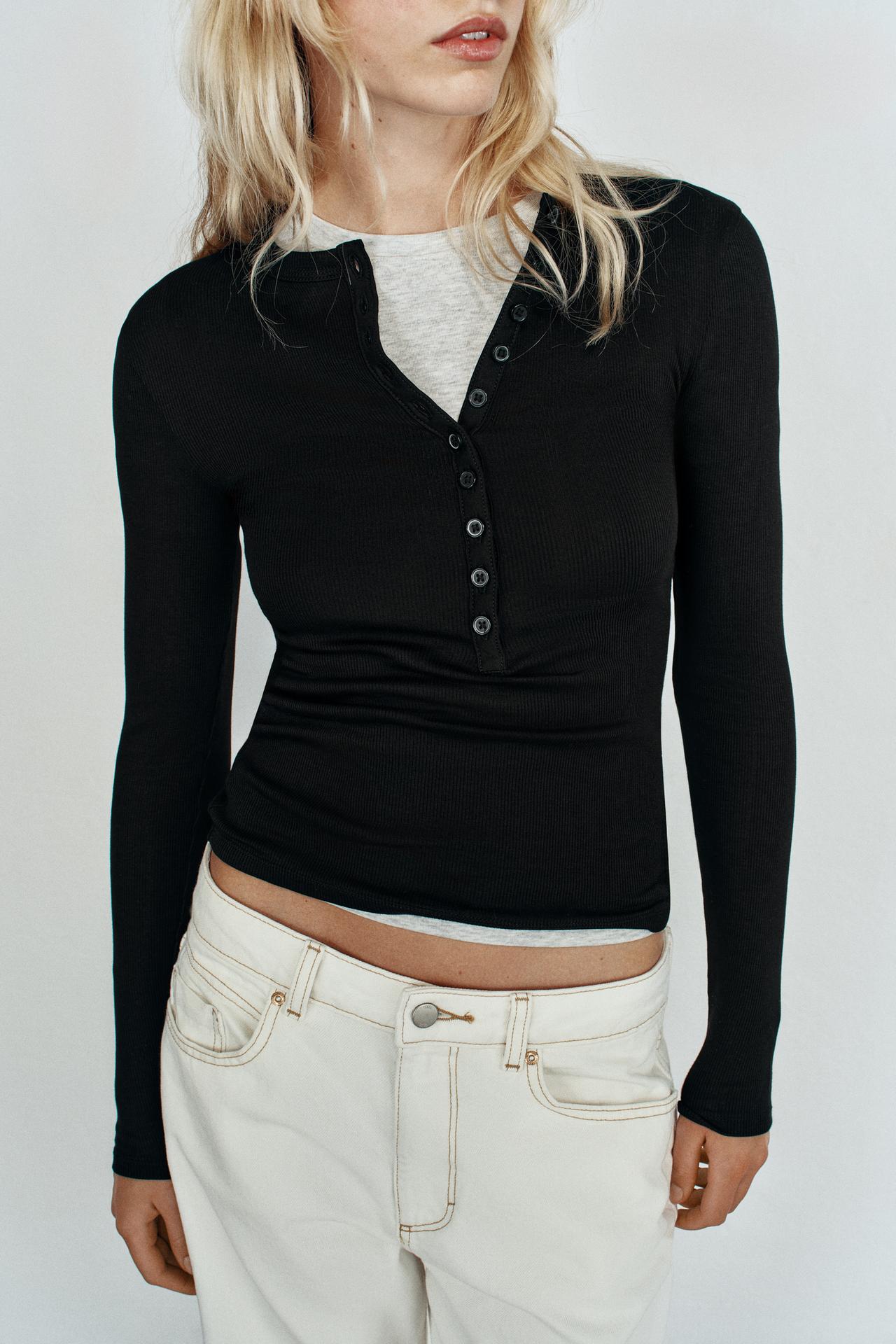 LONG SLEEVE HENLEY T-SHIRT — Black
