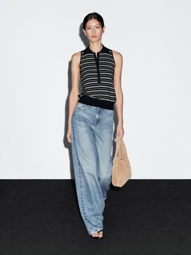 Zara 100% cotton polo shirt with striped details - Navy blue - Image 0