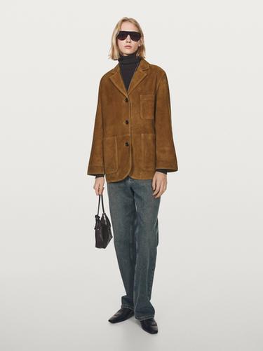 Blazer avec poches en cuir finition daim - Vison foncé de Zara
