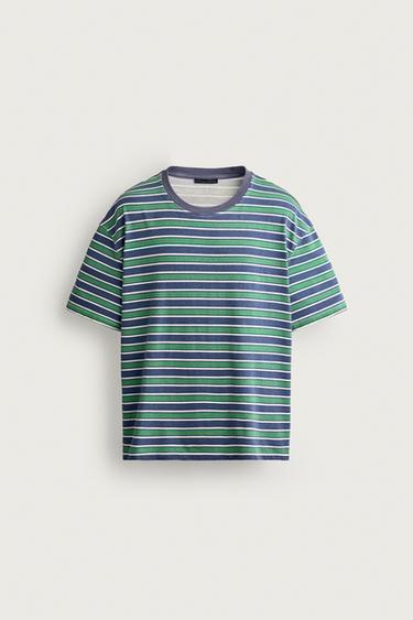 Zara CROPPED FIT STRIPED T-SHIRT - Green