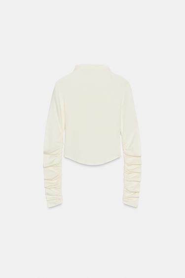 Zara COTTON MODAL RUCHED T-SHIRT - Ecru