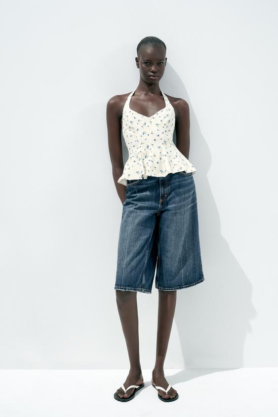 TOP HALTER POPELINE FLEURS - Écru / Bleu de Zara - Image 0
