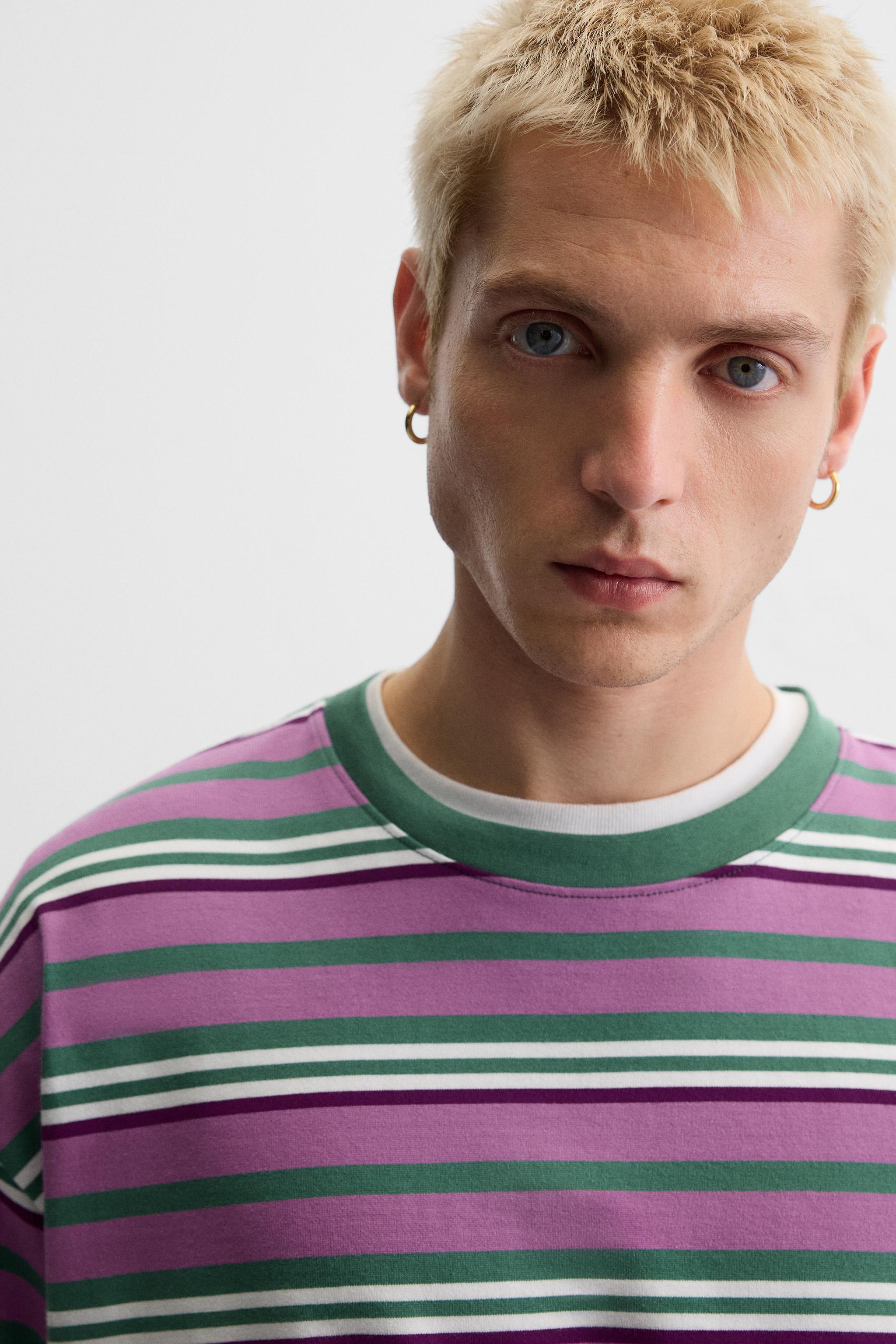 ストライプ柄ジャカードTシャツ - ピンク/ホワイト | ZARA Japan