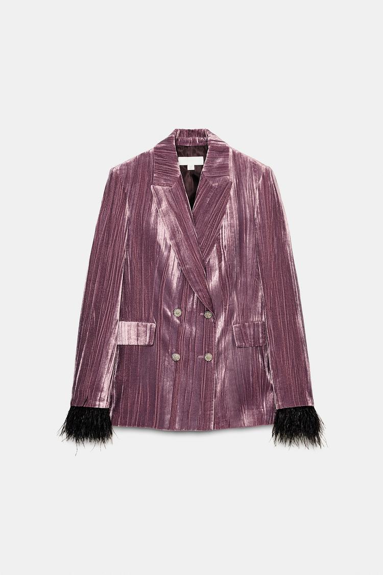 DOUBLE-BREASTED VELVET FEATHER BLAZER