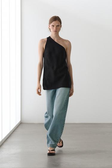 Zara Asymmetric linen blend top with back detail - Black - Image 0