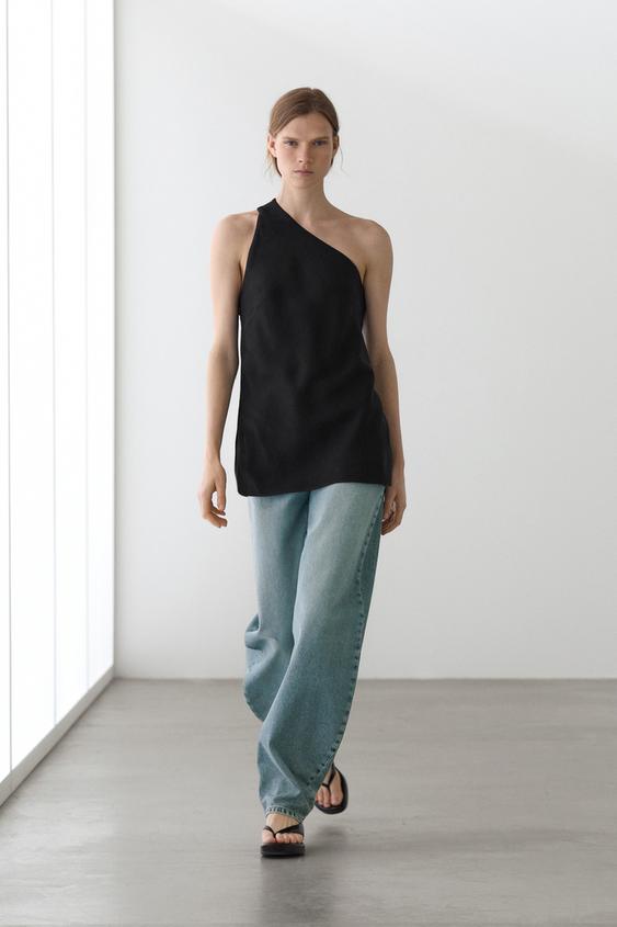 Asymmetric linen blend top with back detail from Zara - $100