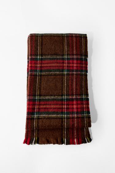 Zara PLAID FRINGED SCARF - Brown