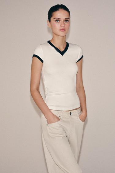 Zara CONTRAST RIB T-SHIRT - Ecru